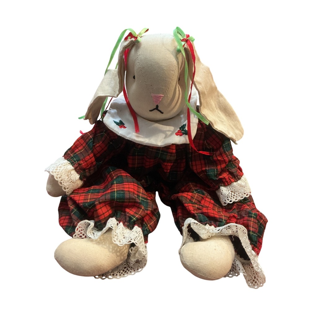 Vintage Christmas Plush Bunny Rabbit Red Plaid Holiday Outfit Lace Trim 16 Inch